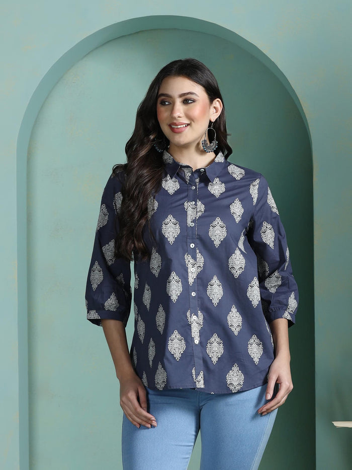 Women Cotton Grey Printed Tunic.