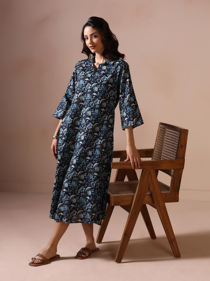 Women Cotton Indigo Blue Printed Dress.