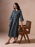 Women Cotton Indigo Blue Printed Dress.