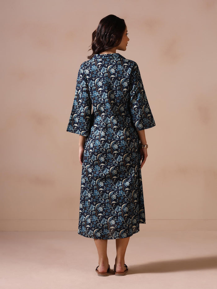 Women Cotton Indigo Blue Printed Dress.