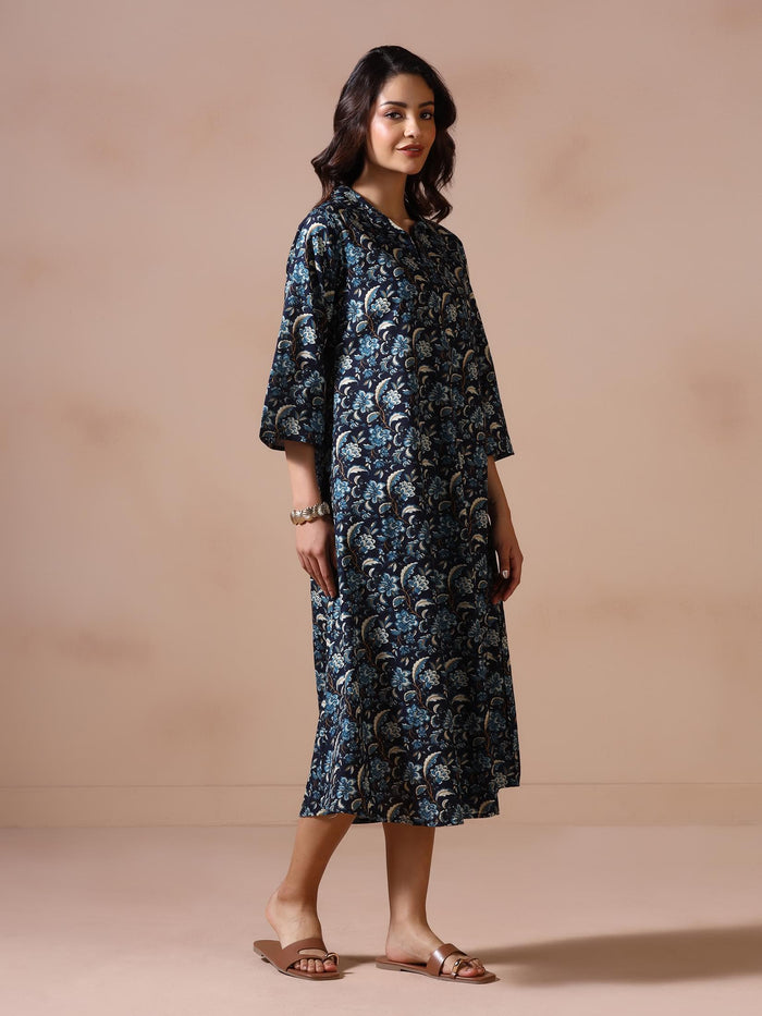 Women Cotton Indigo Blue Printed Dress.