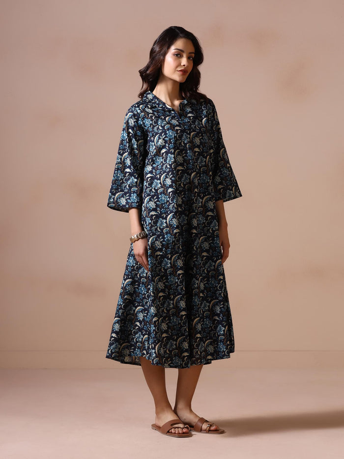 Women Cotton Indigo Blue Printed Dress.