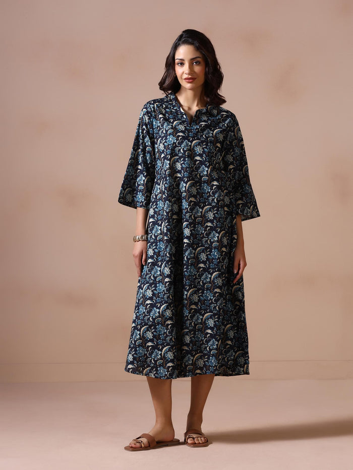 Women Cotton Indigo Blue Printed Dress.