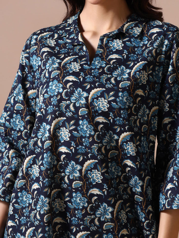 Women Cotton Indigo Blue Printed Dress.
