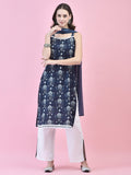 Women Cotton Indigo Floral Print Kurta Comfort Pant Dupatta.