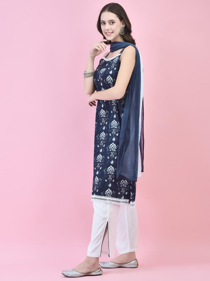 Women Cotton Indigo Floral Print Kurta Comfort Pant Dupatta.