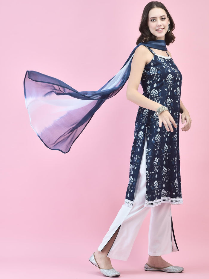 Women Cotton Indigo Floral Print Kurta Comfort Pant Dupatta.