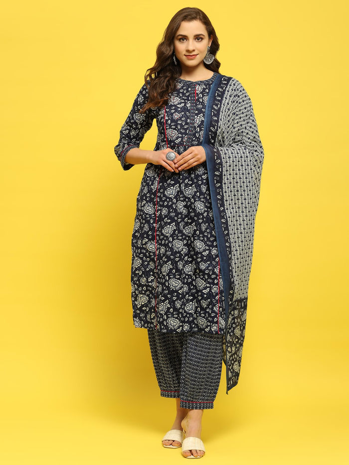 Women Cotton Indigo Floral Print Kurta Harem Pant Dupatta.