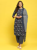 Women Cotton Indigo Floral Print Kurta Harem Pant Dupatta.