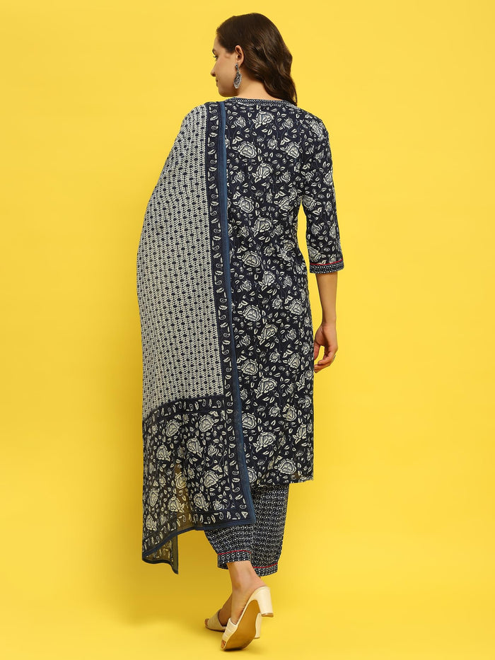 Women Cotton Indigo Floral Print Kurta Harem Pant Dupatta.