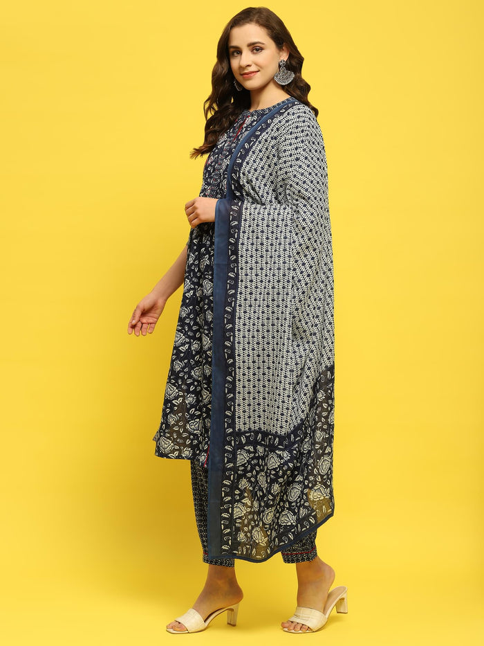 Women Cotton Indigo Floral Print Kurta Harem Pant Dupatta.