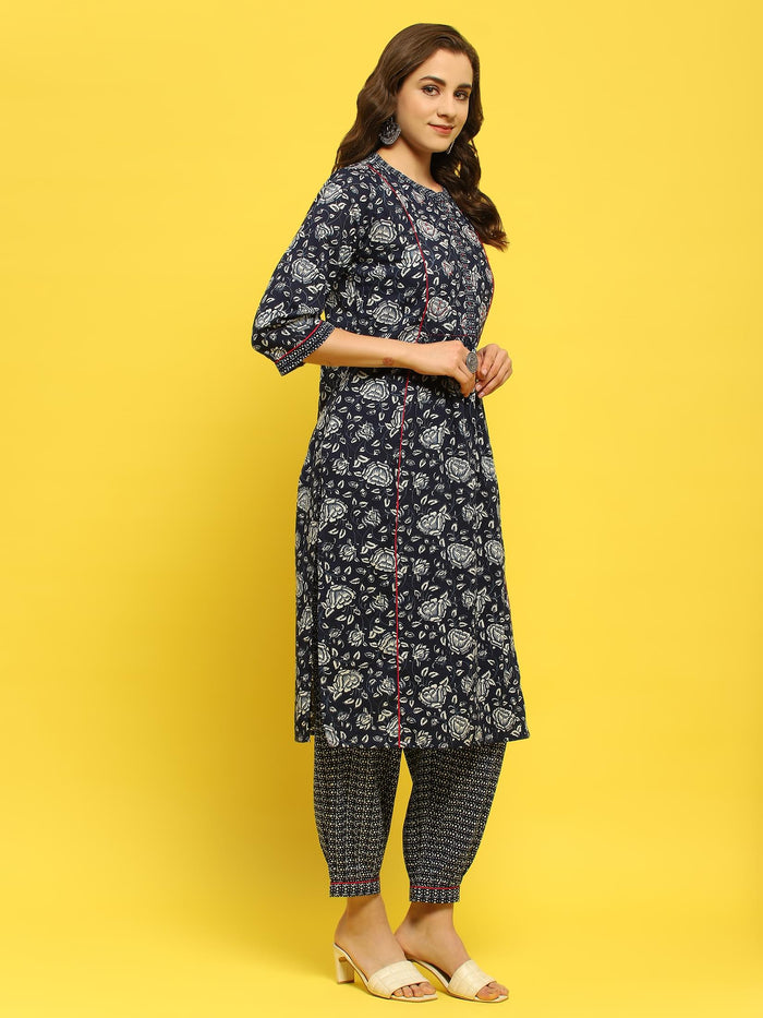 Women Cotton Indigo Floral Print Kurta Harem Pant Dupatta.