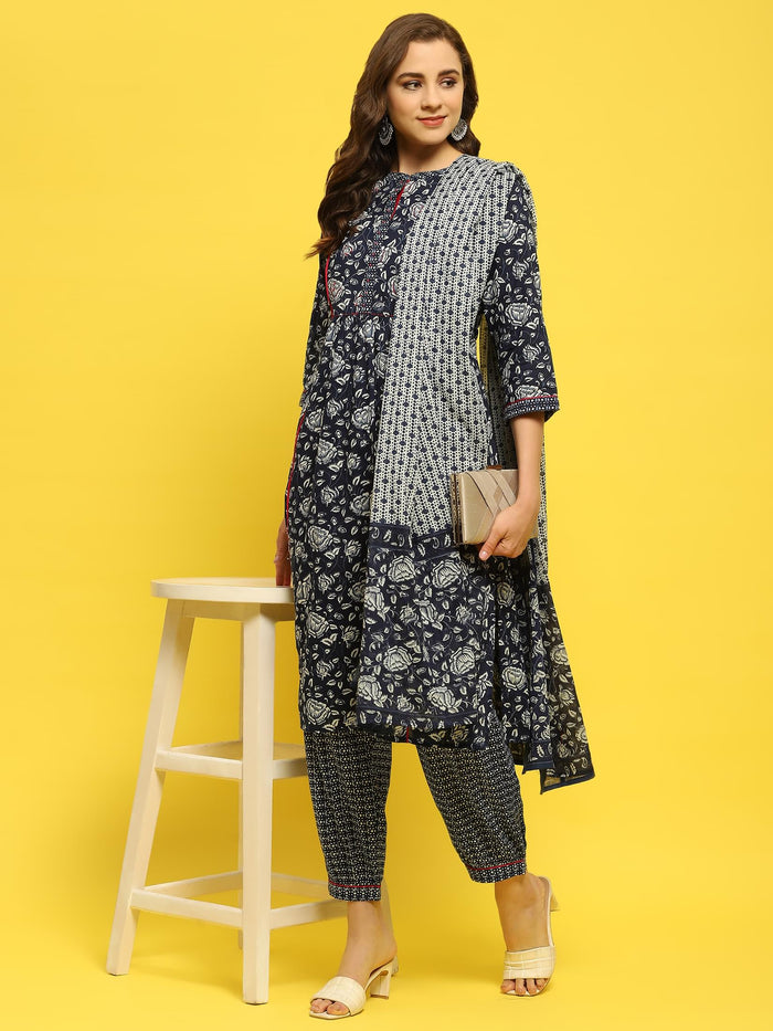 Women Cotton Indigo Floral Print Kurta Harem Pant Dupatta.