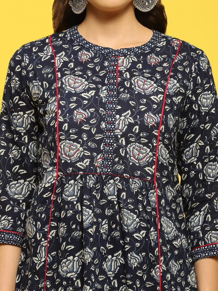 Women Cotton Indigo Floral Print Kurta Harem Pant Dupatta.