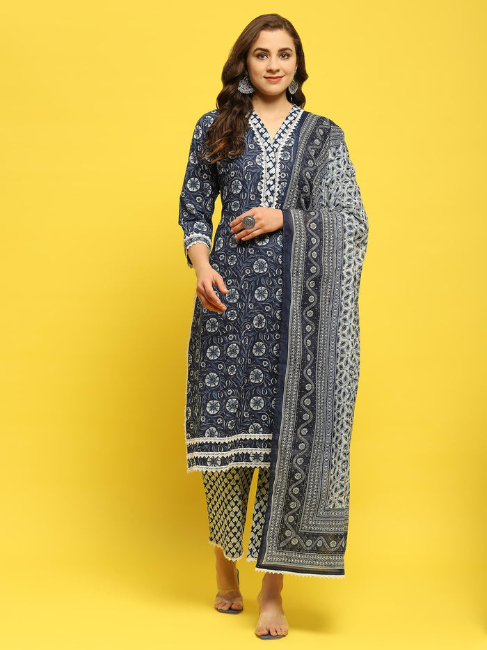 Women Cotton Indigo Floral Print Kurta Trouser Dupatta.