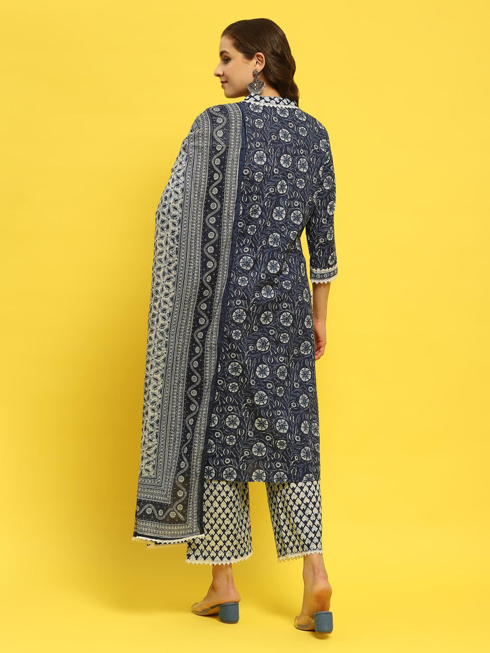 Women Cotton Indigo Floral Print Kurta Trouser Dupatta.