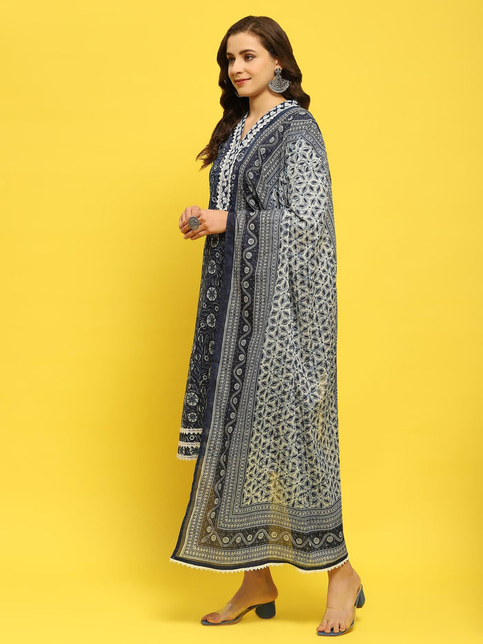 Women Cotton Indigo Floral Print Kurta Trouser Dupatta.