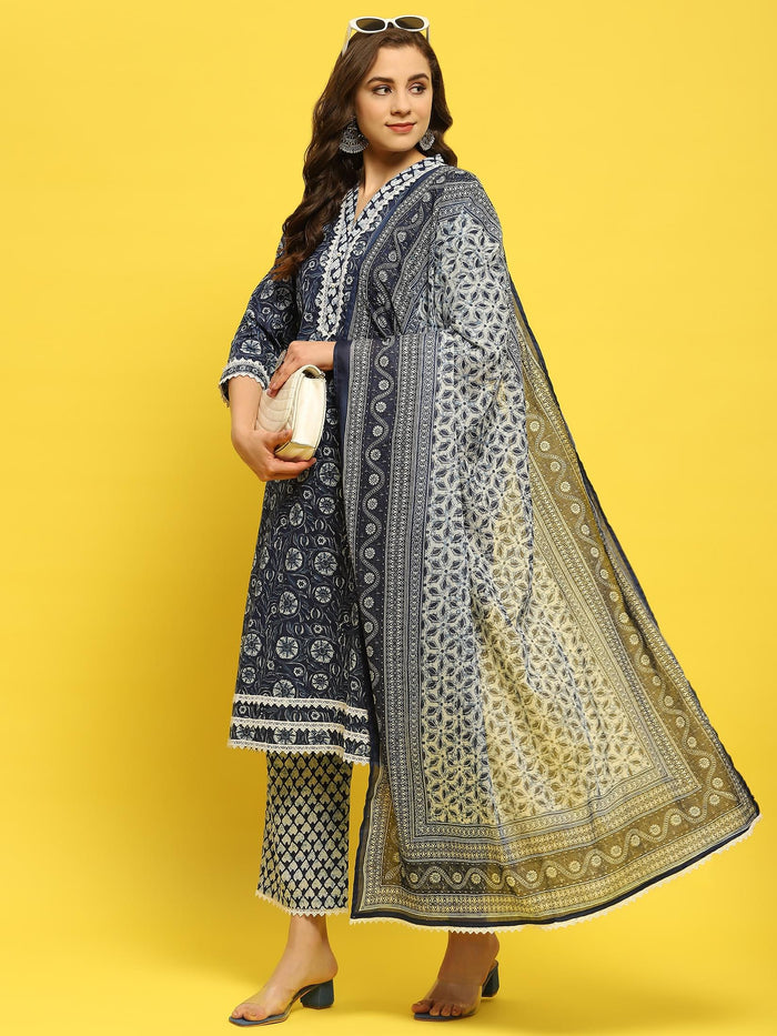 Women Cotton Indigo Floral Print Kurta Trouser Dupatta.
