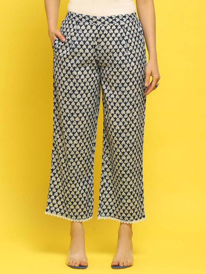 Women Cotton Indigo Floral Print Kurta Trouser Dupatta.