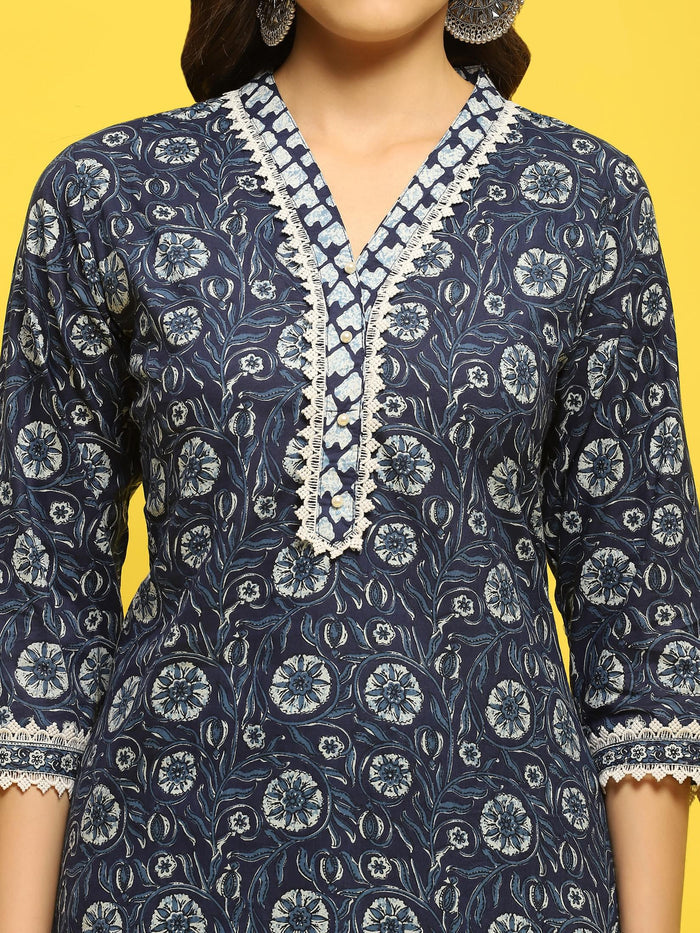 Women Cotton Indigo Floral Print Kurta Trouser Dupatta.