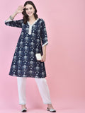 Women Cotton Indigo Floral Print Kurta With Trouser.