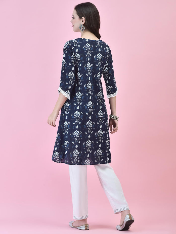 Women Cotton Indigo Floral Print Kurta With Trouser.