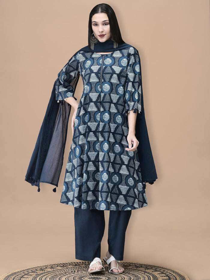 Women Cotton Indigo Geometric Print Kurta Comfort Pant Dupatta.