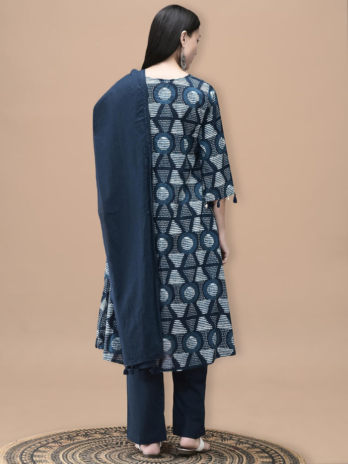 Women Cotton Indigo Geometric Print Kurta Comfort Pant Dupatta.