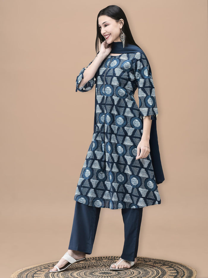 Women Cotton Indigo Geometric Print Kurta Comfort Pant Dupatta.