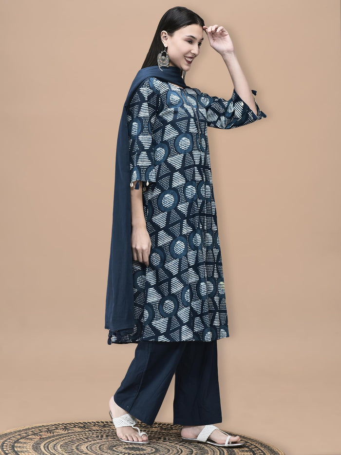 Women Cotton Indigo Geometric Print Kurta Comfort Pant Dupatta.