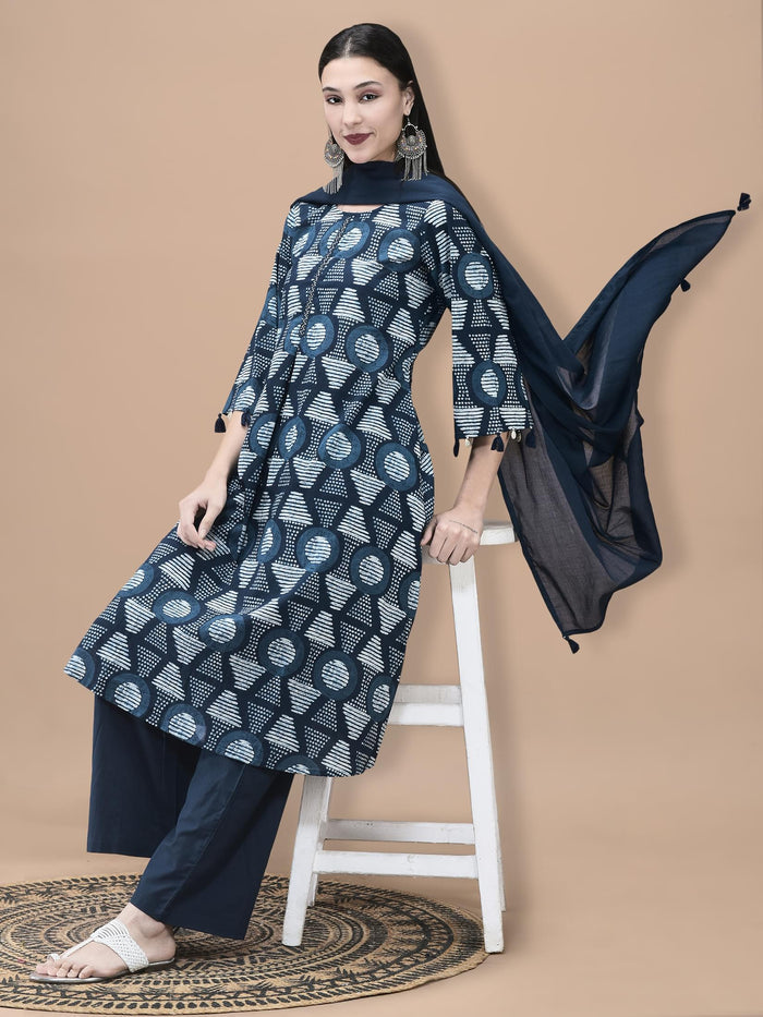 Women Cotton Indigo Geometric Print Kurta Comfort Pant Dupatta.