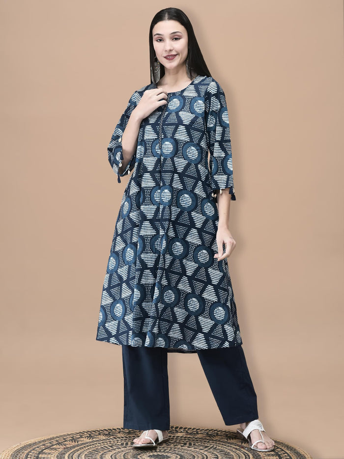 Women Cotton Indigo Geometric Print Kurta Comfort Pant Dupatta.