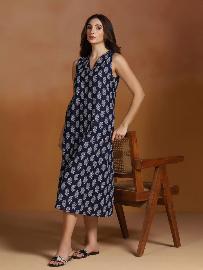 Women Cotton Indigo Printed Dress.