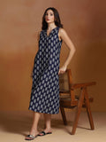 Women Cotton Indigo Printed Dress.