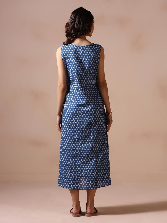 Women Cotton Indigo Printed Dress.