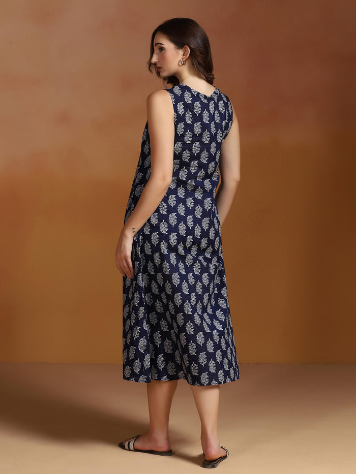 Women Cotton Indigo Printed Dress.