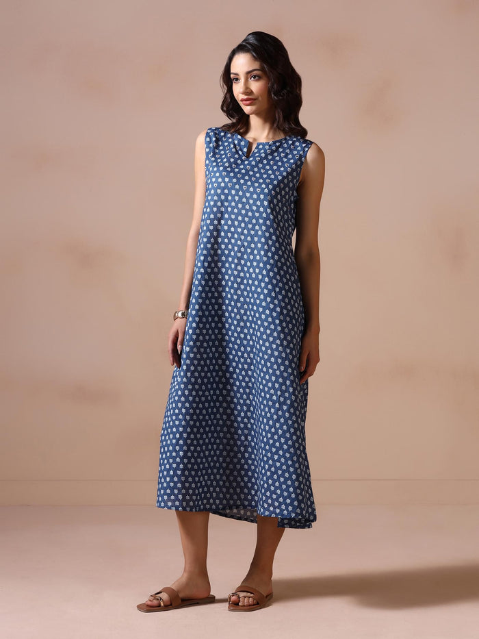 Women Cotton Indigo Printed Dress.