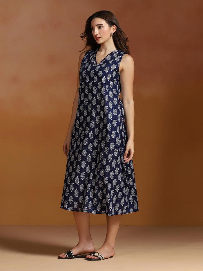 Women Cotton Indigo Printed Dress.