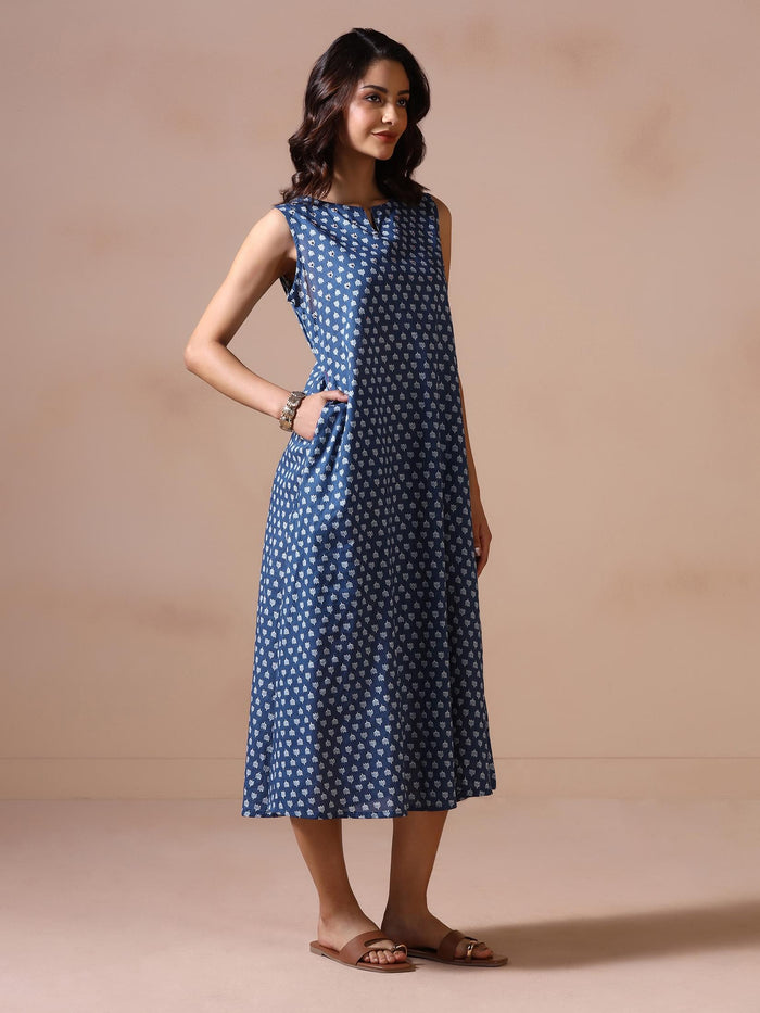 Women Cotton Indigo Printed Dress.