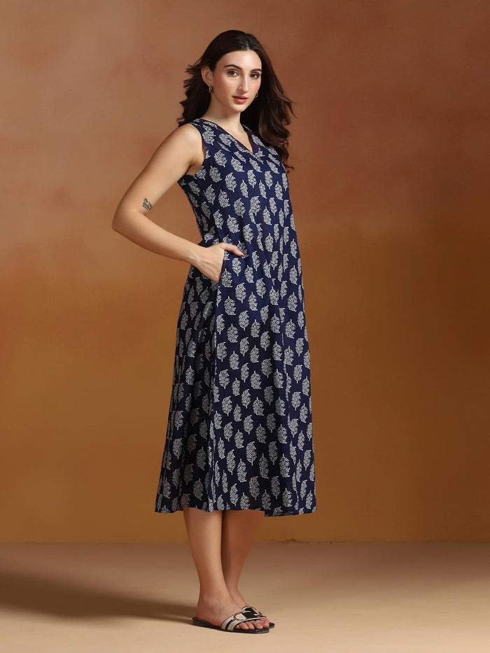 Women Cotton Indigo Printed Dress.