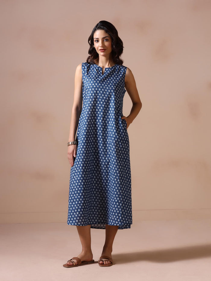Women Cotton Indigo Printed Dress.