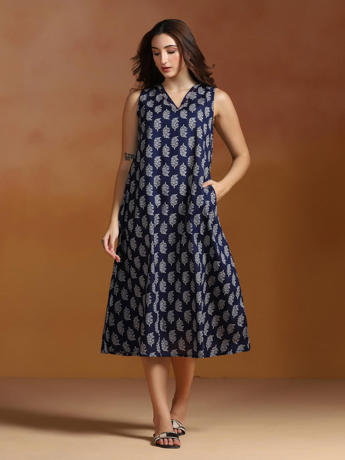 Women Cotton Indigo Printed Dress.