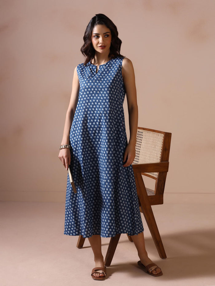 Women Cotton Indigo Printed Dress.