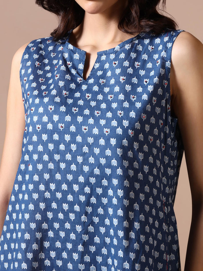 Women Cotton Indigo Printed Dress.