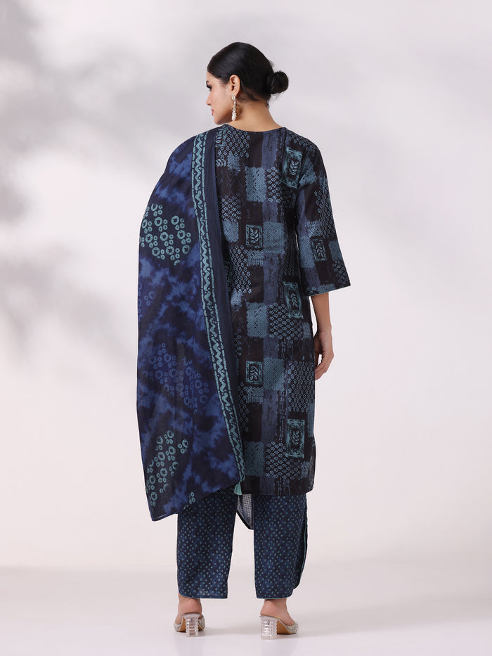 Women Cotton Indigo Printed Kurta Comfort Pant Dupatta