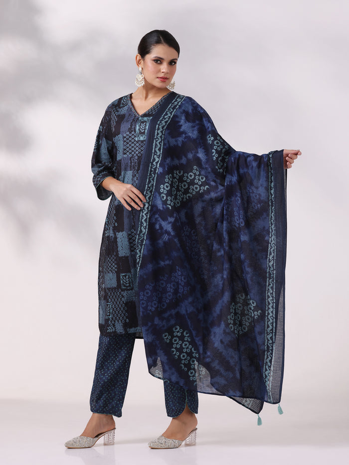 Women Cotton Indigo Printed Kurta Comfort Pant Dupatta