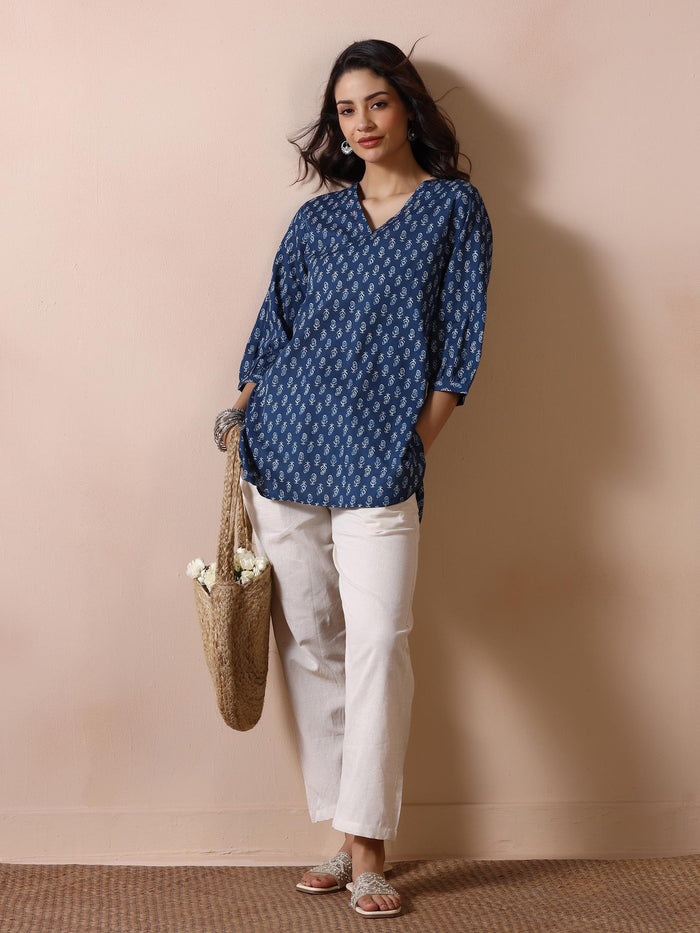 Women Cotton Indigo Printed Tunic.