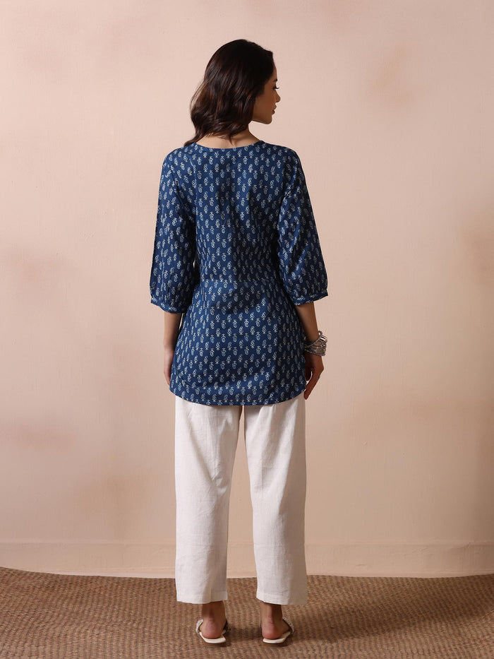 Women Cotton Indigo Printed Tunic.