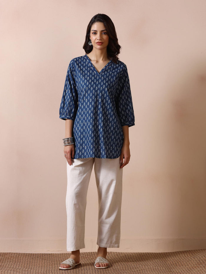 Women Cotton Indigo Printed Tunic.