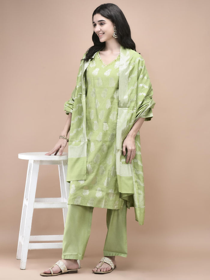 Women Cotton Jacquard Green Woven Kurta Comfort Pant Dupatta.